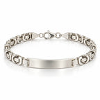 Men's 925 Italian sterling silver ID bar Byzantine bracelet on white background, brushed satin plate and knot-link chain, Fine Silver KSA, 22cm