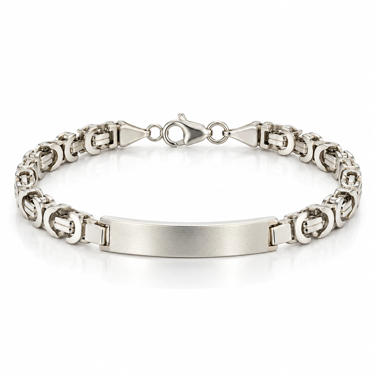 Men's 925 Italian sterling silver ID bar Byzantine bracelet on white background, brushed satin plate and knot-link chain, Fine Silver KSA, 22cm