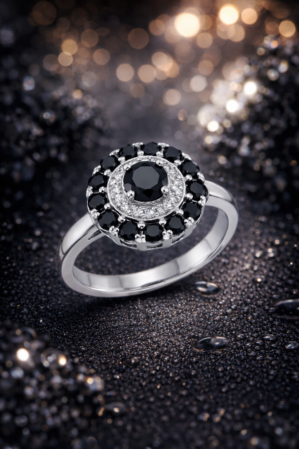 925 Italian Silver Halo Ring with Black &amp; White Zircon Stones