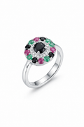 925 Italian Silver Round Halo Ring with Black &amp; White Stones