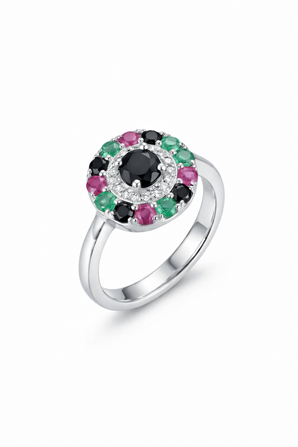 925 Italian Silver Round Halo Ring with Black &amp; White Stones