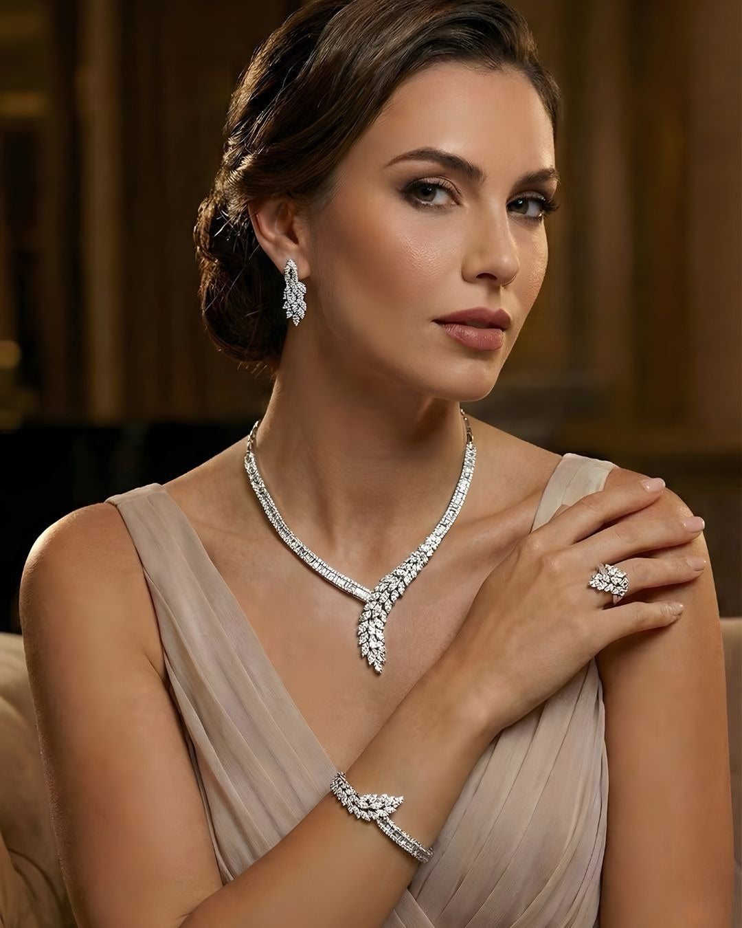Exquisite 46g Rhodium Plated 925 Italian Silver Leaf Design Jewellery Set