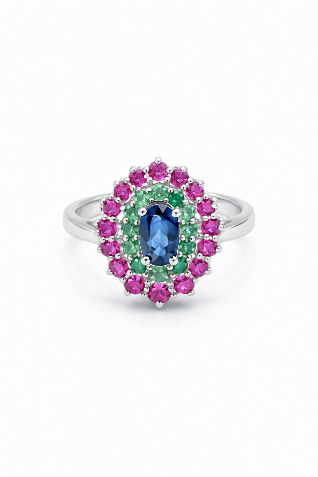 925 Italian Silver Multicolor Cluster Ring with Blue, Green &amp; Pink Stones