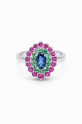 925 Italian Silver Multicolor Cluster Ring with Blue, Green &amp; Pink Stones