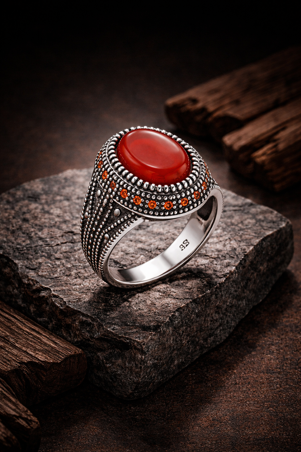 925 Italian Silver Men's Ring with Red Agate (Aqeeq) &amp; Intricate Dotted Detail