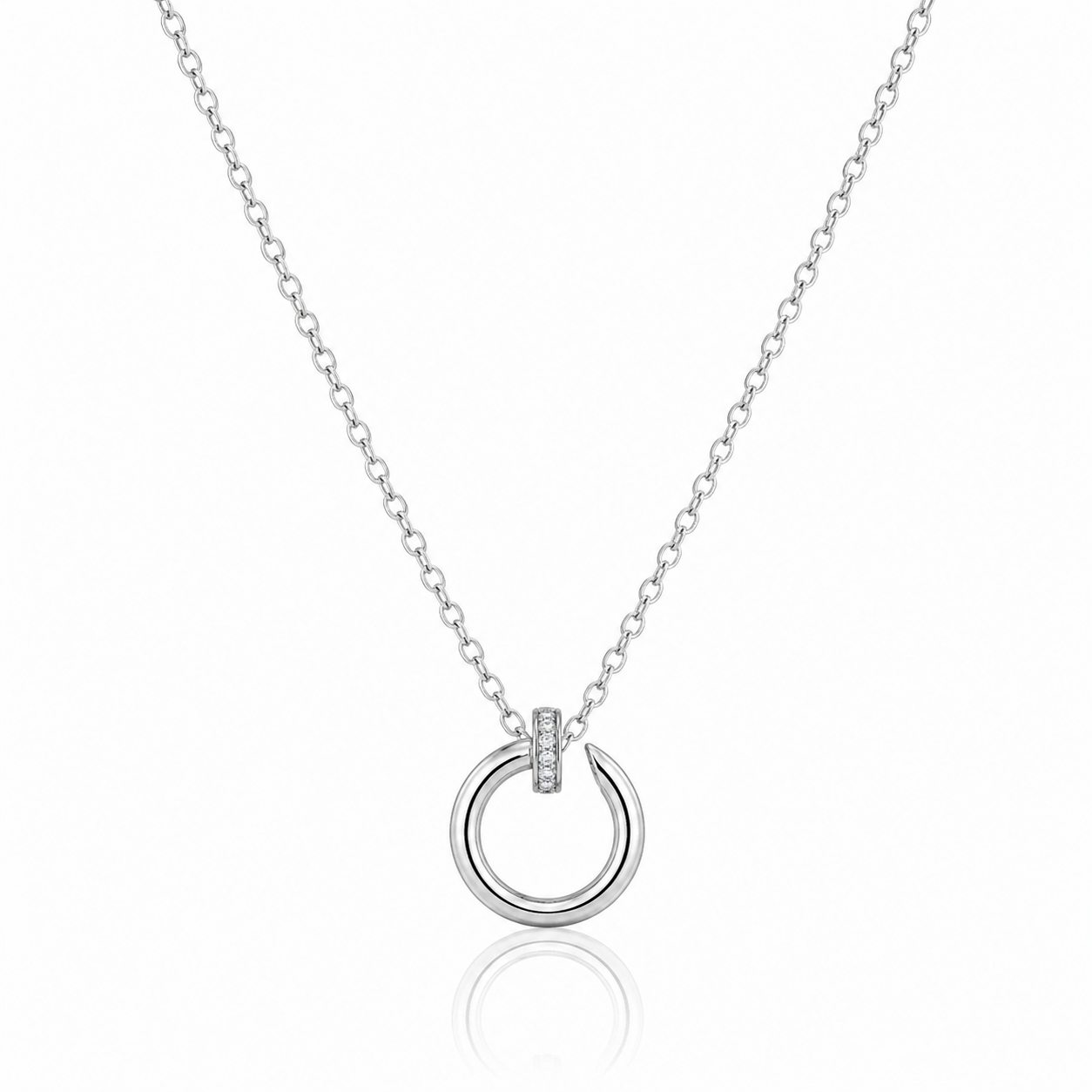 925 Sterling Silver Circular Nail Pendant Necklace with Sparkling Zircon Accents