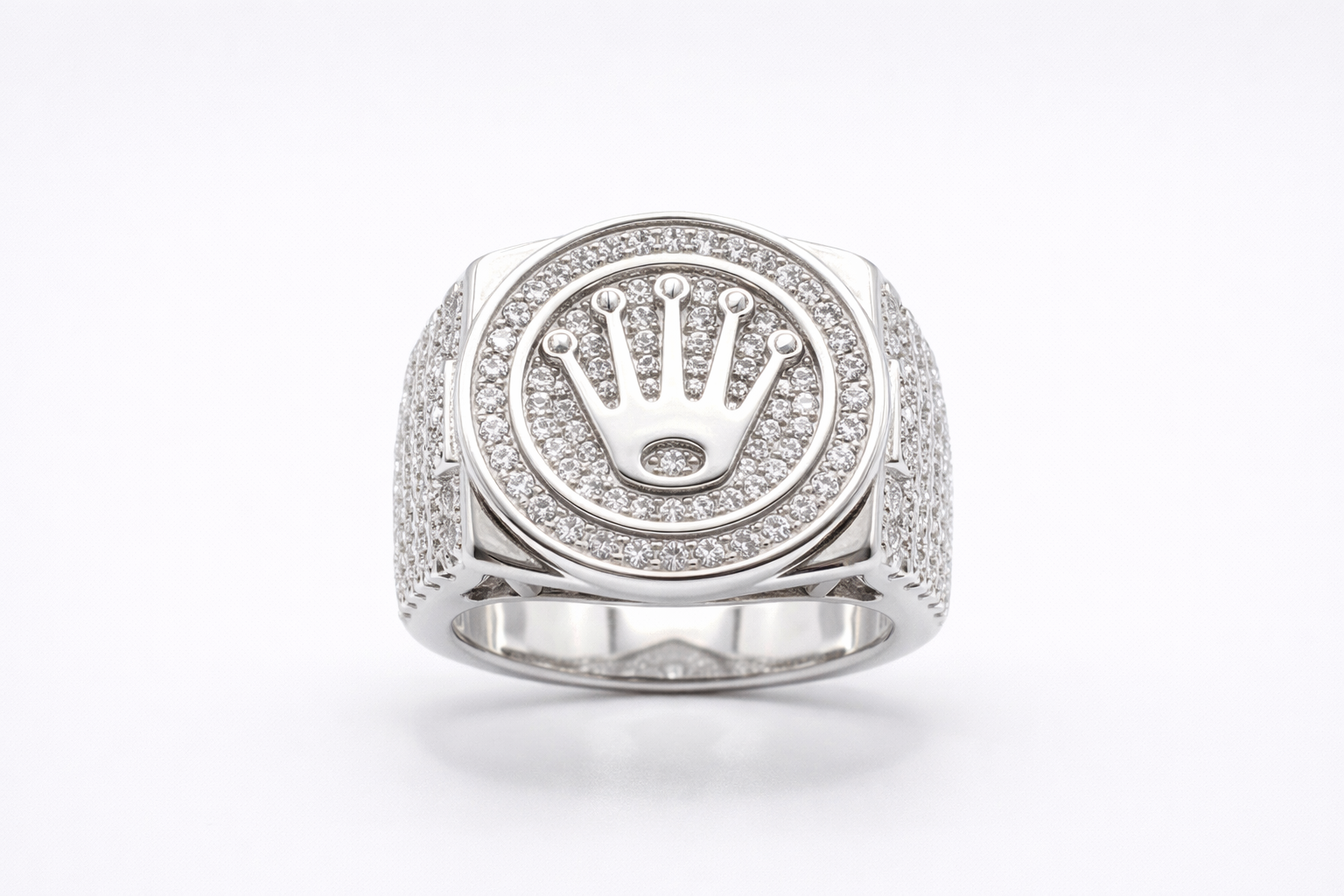 925 Italian Silver Royal Crown Signet Ring with Pave Zircons - Size 8