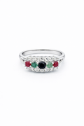 925 Italian Silver Multicolor 5-Stone Ring with Pave Accents - Size 11