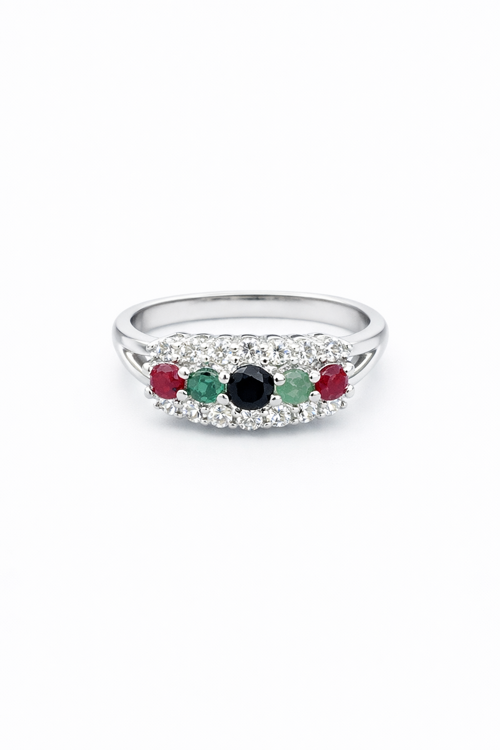 925 Italian Silver Multicolor 5-Stone Ring with Pave Accents - Size 11