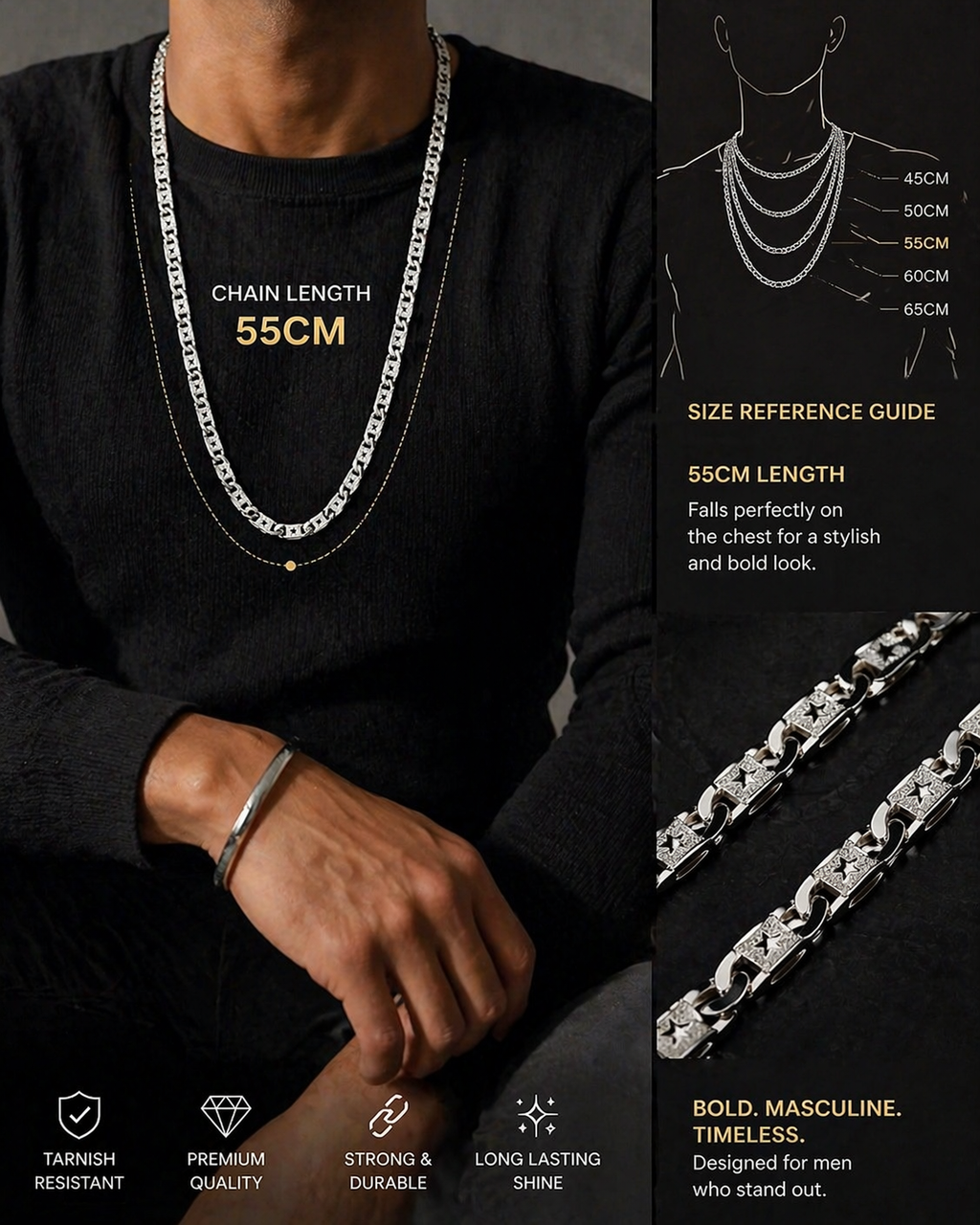 Authentic 925 Sterling Silver Star-Embossed Textured Link Chain for Men (55cm, 29g)