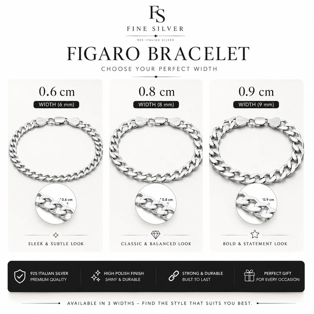 Le Figaro Curb Bracelet size guide - available in 6mm, 8mm and 9mm widths - 925 Italian Sterling Silver