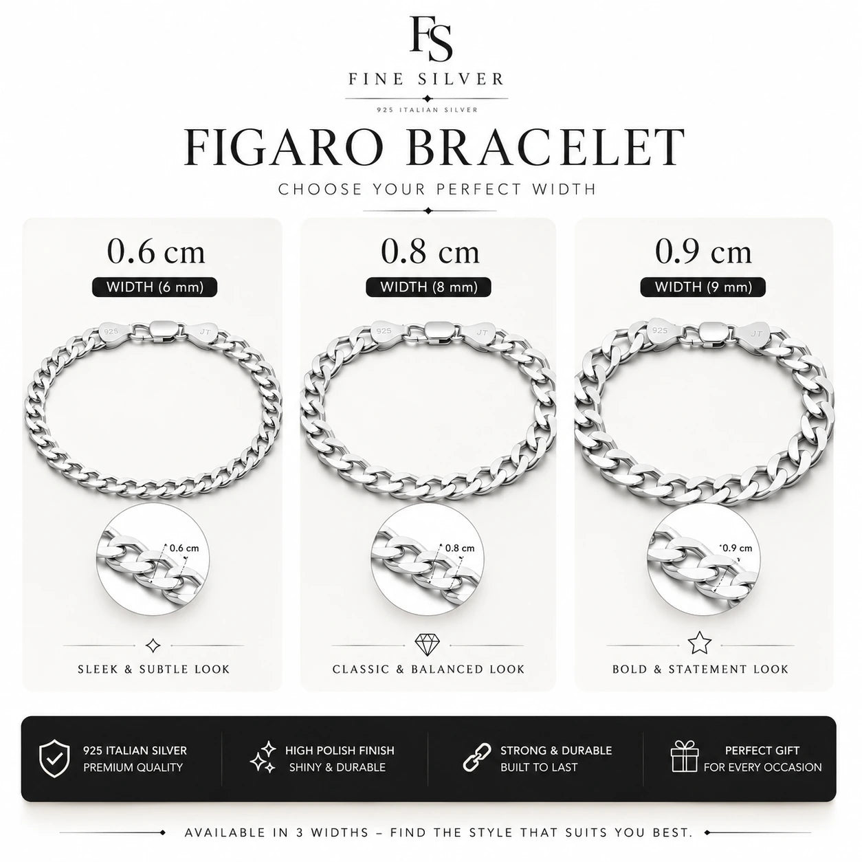 Le Figaro Curb Bracelet size guide - available in 6mm, 8mm and 9mm widths - 925 Italian Sterling Silver