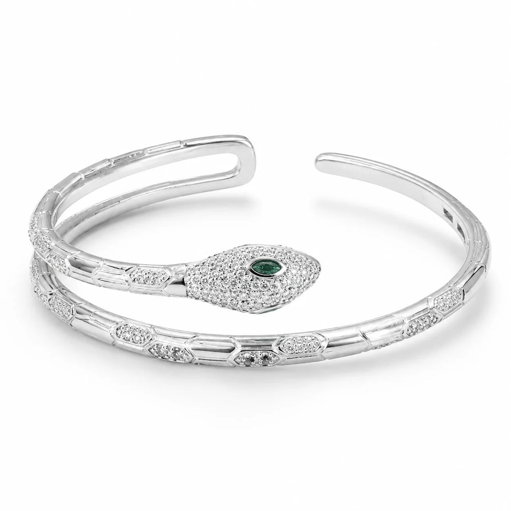 925 Italian sterling silver snake cuff bracelet for women with green CZ eye and pavé detailing, Fine Silver KSA