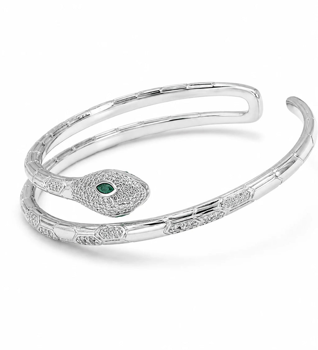 925 Italian sterling silver snake cuff bracelet angle view showing engraved scale detailing and pavé CZ accents, Fine Silver KSA