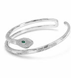 925 Italian sterling silver snake cuff bracelet angle view showing engraved scale detailing and pavé CZ accents, Fine Silver KSA