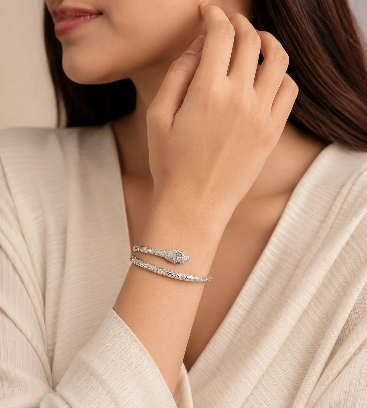 925 Italian sterling silver snake cuff bracelet for women worn on wrist with green CZ eye, luxury lifestyle jewelry, Fine Silver KSA