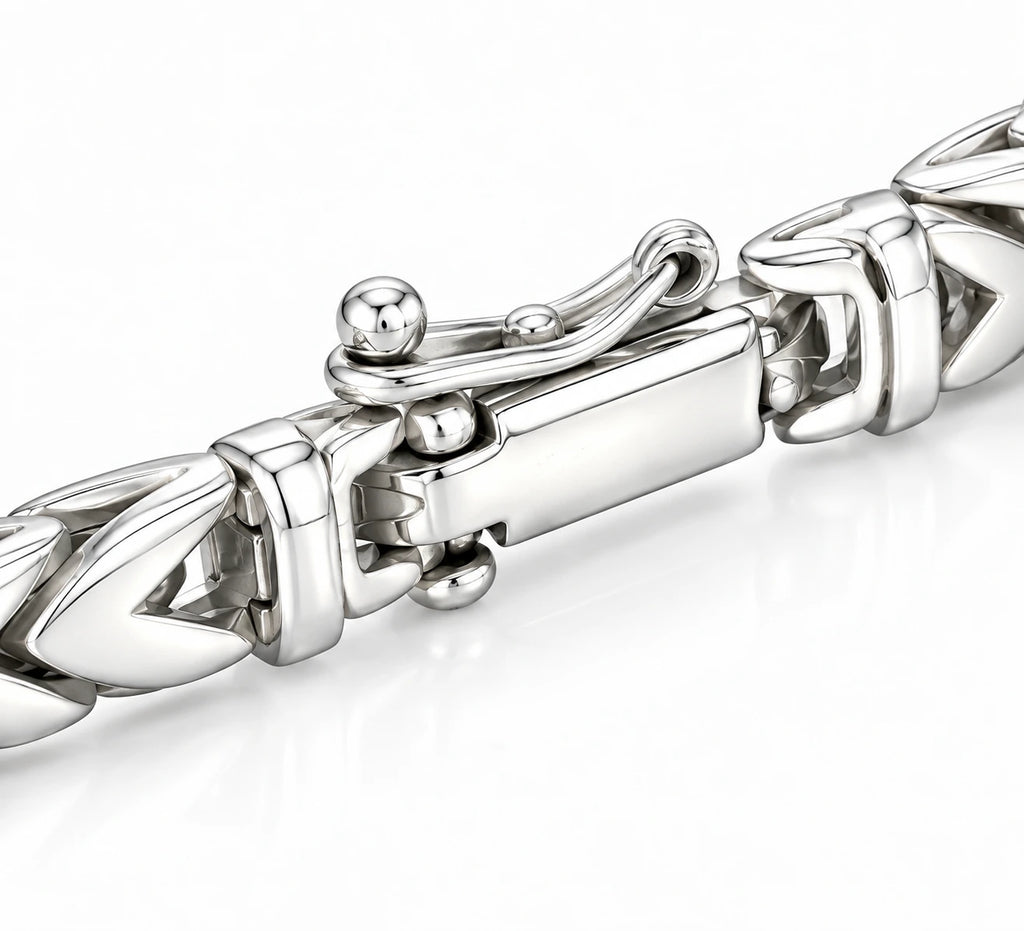 Close-up of micro box clasp with ball-tip safety lever on men's 925 sterling silver chevron Byzantine bracelet, Fine Silver KSA