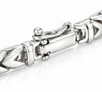Close-up of micro box clasp with ball-tip safety lever on men's 925 sterling silver chevron Byzantine bracelet, Fine Silver KSA