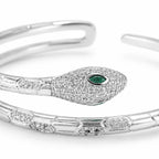 Close-up of a 925 Italian sterling silver snake cuff bracelet with marquise-cut green CZ eye, micro-pavé CZ detailing, Fine Silver KSA