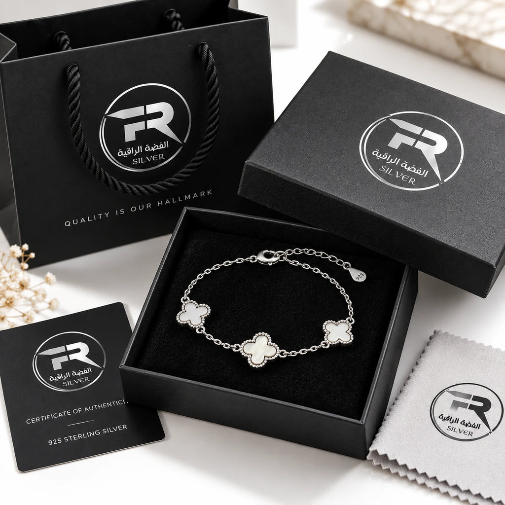 Fine Silver 925 sterling silver clover bracelet in branded black gift box with certificate, polishing cloth and bag, KSA