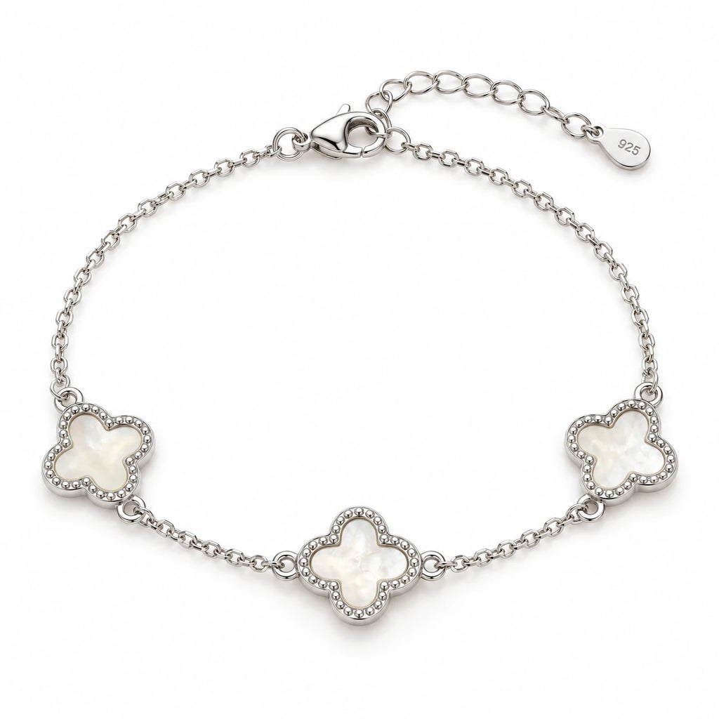 Women's 925 Italian sterling silver triple clover mother of pearl bracelet on white background, Fine Silver KSA, 21.5cm