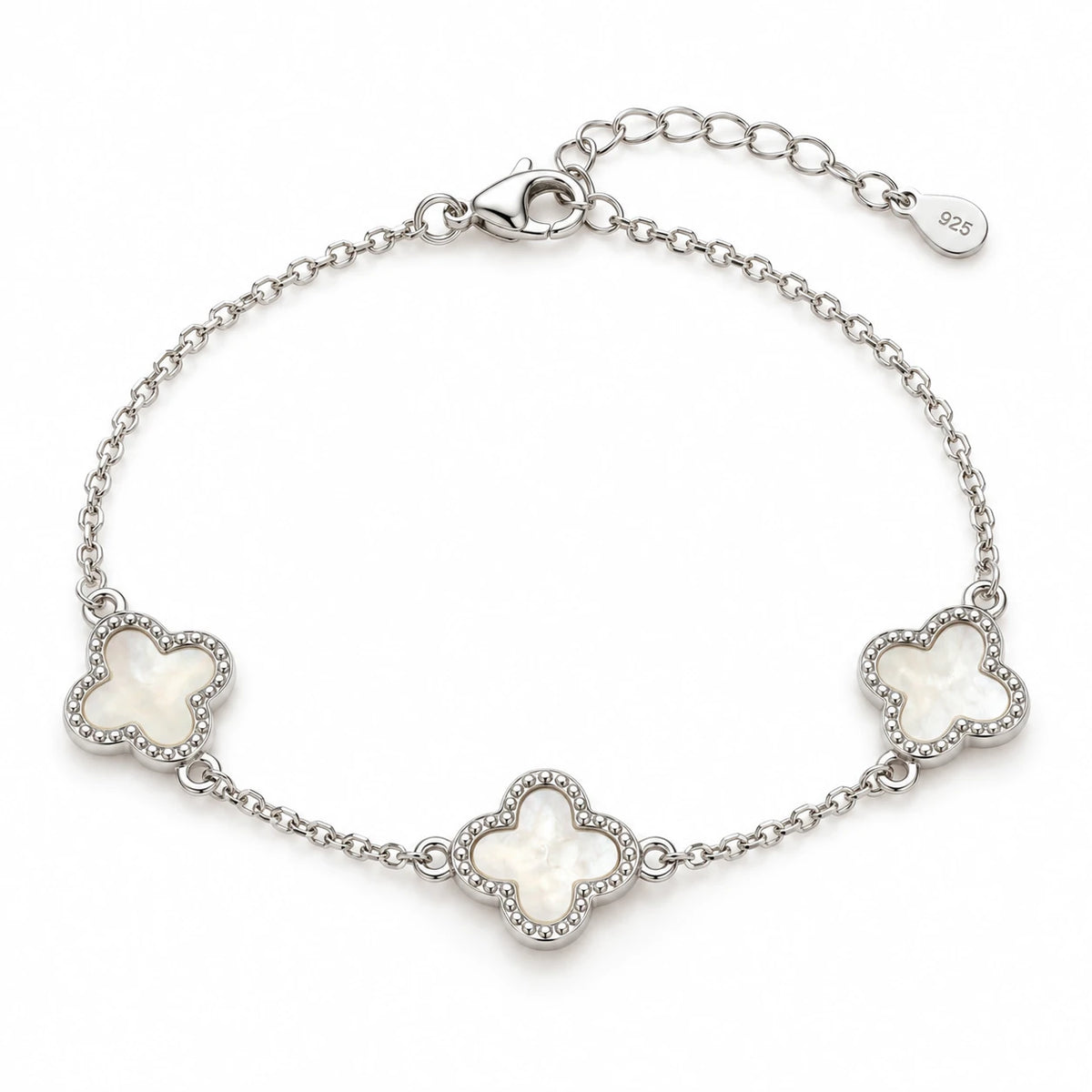 Women's 925 Italian sterling silver triple clover mother of pearl bracelet on white background, Fine Silver KSA, 21.5cm
