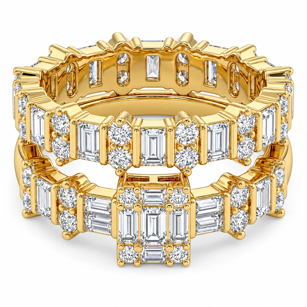 Women's 18K gold-plated 925 Italian sterling silver double-row eternity band ring with alternating baguette and round CZ, white background, Fine Silver KSA