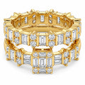 Women's 18K gold-plated 925 Italian sterling silver double-row eternity band ring with alternating baguette and round CZ, white background, Fine Silver KSA
