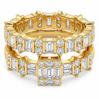 Women's 18K gold-plated 925 Italian sterling silver double-row eternity band ring with alternating baguette and round CZ, white background, Fine Silver KSA