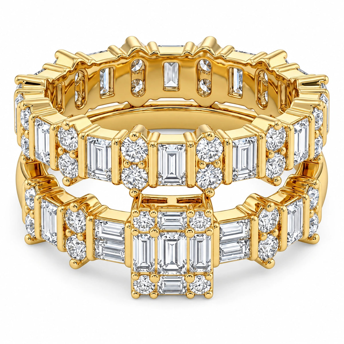 Women's 18K gold-plated 925 Italian sterling silver double-row eternity band ring with alternating baguette and round CZ, white background, Fine Silver KSA