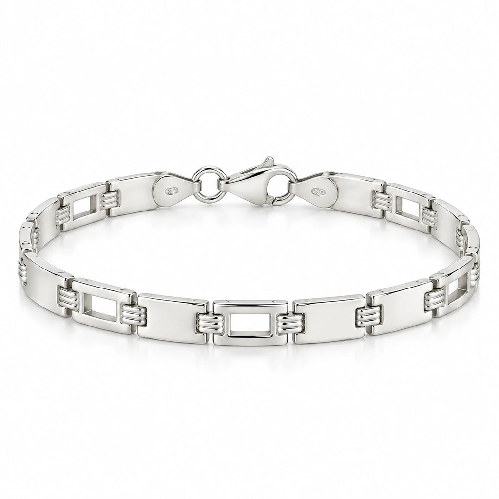 Men's 925 Italian sterling silver geometric open rectangular link bracelet on white background, 19.5cm, 5mm wide, Fine Silver KSA