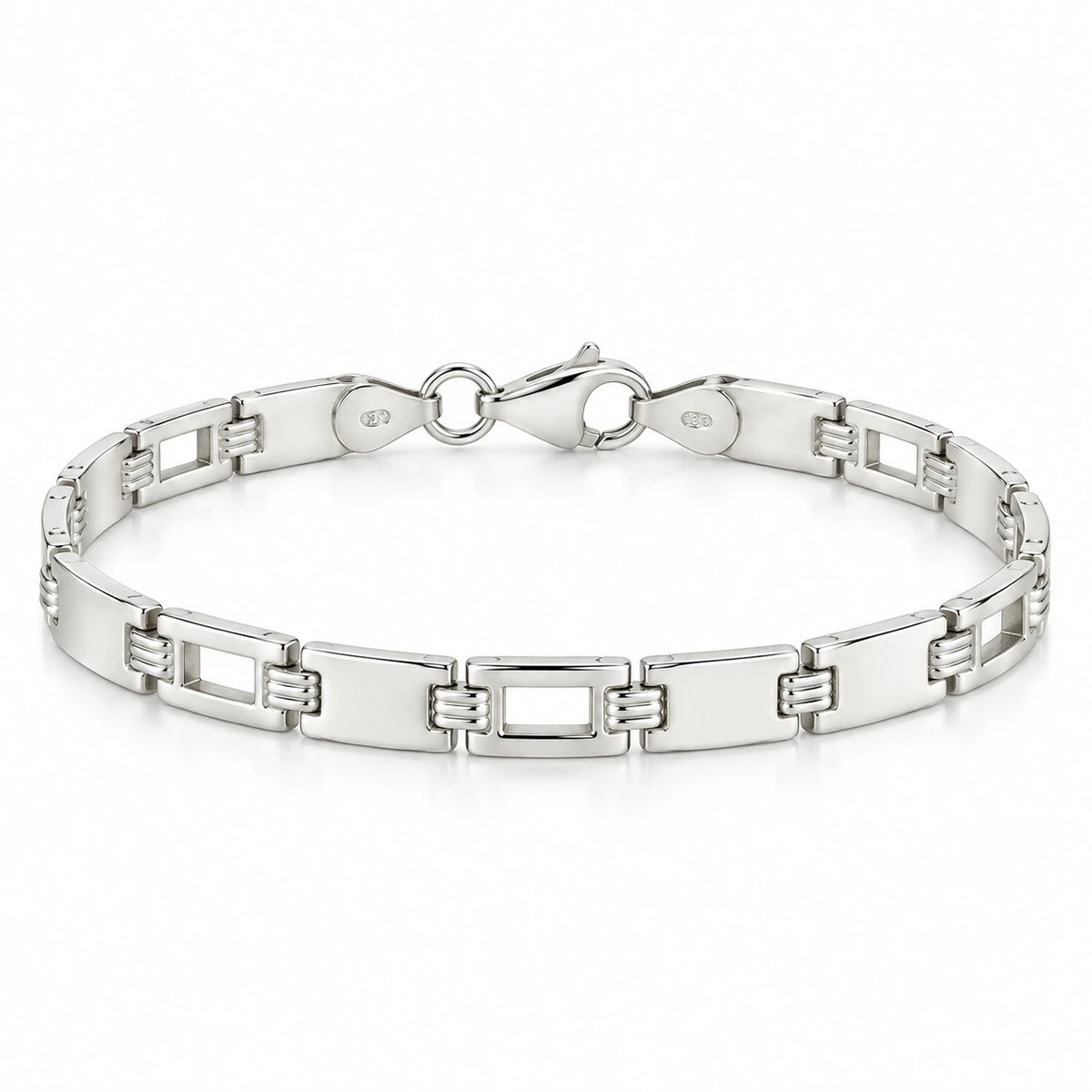 Men's 925 Italian sterling silver geometric open rectangular link bracelet on white background, 19.5cm, 5mm wide, Fine Silver KSA
