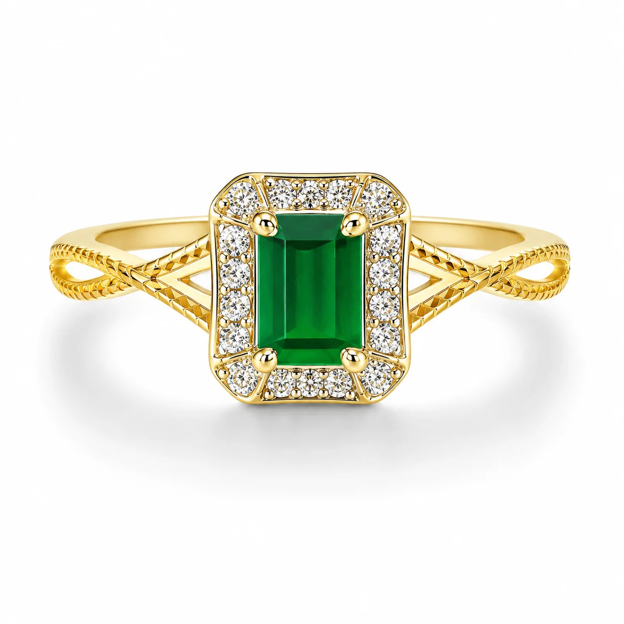 Gold ring with a green gemstone and diamond accents on a white background