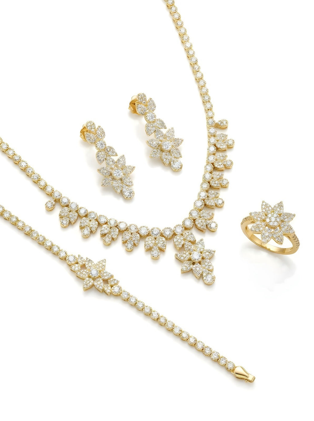 Luxurious Gold Plated 925 Italian Silver Floral Jewellery Set with Sparkling Stones