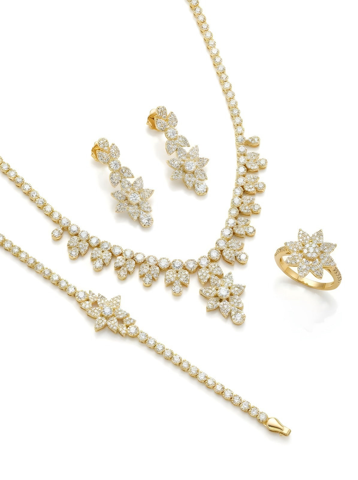 Luxurious Gold Plated 925 Italian Silver Floral Jewellery Set with Sparkling Stones