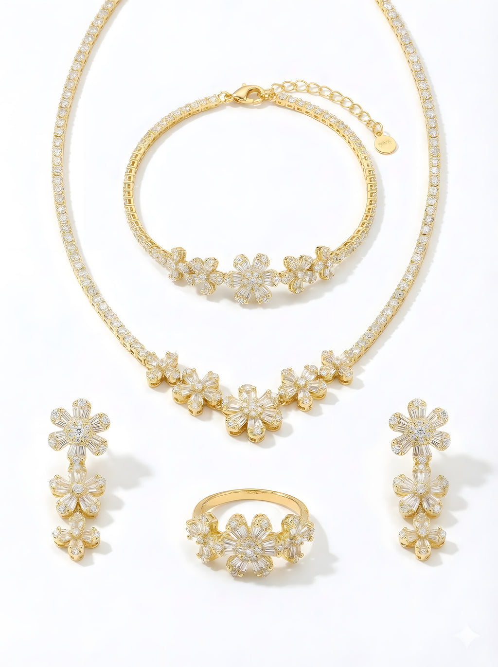 Exquisite 24.91g Gold Plated 925 Italian Silver Floral Tennis Jewellery Set