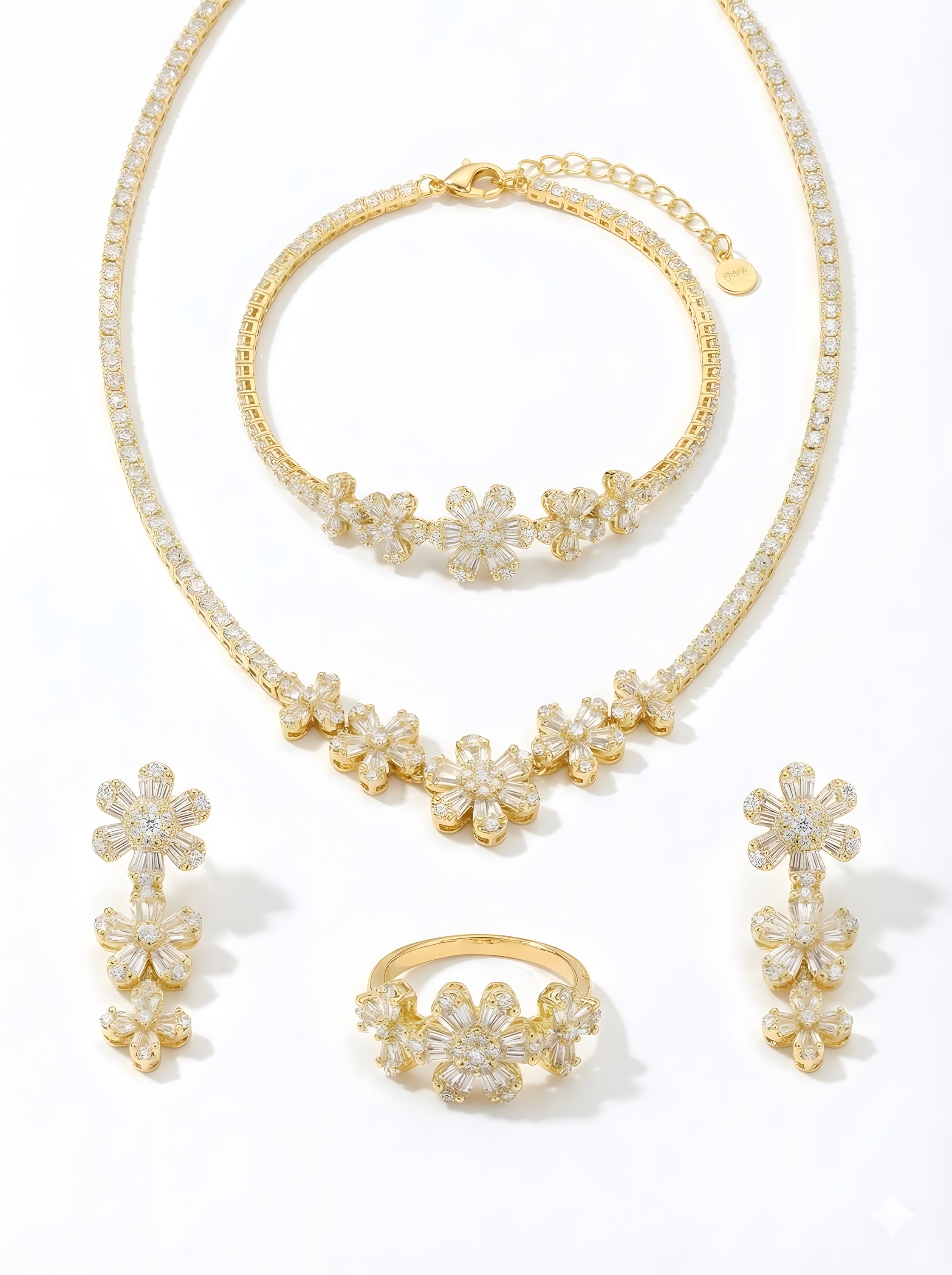 Exquisite 24.91g Gold Plated 925 Italian Silver Floral Tennis Jewellery Set