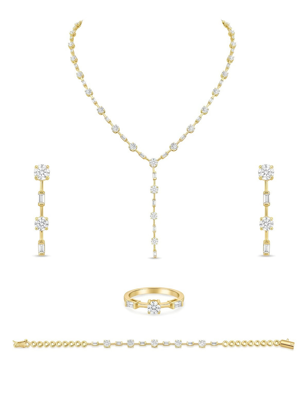 Sleek 24g Gold Plated 925 Silver Set with Baguette &amp; Round Crystals