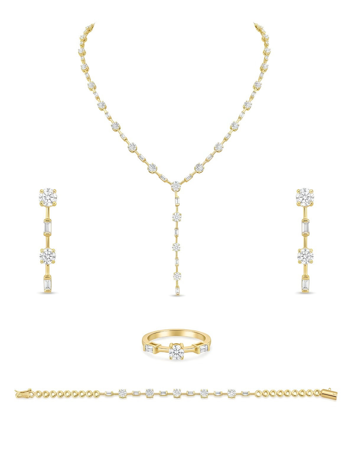 Sleek 24g Gold Plated 925 Silver Set with Baguette &amp; Round Crystals