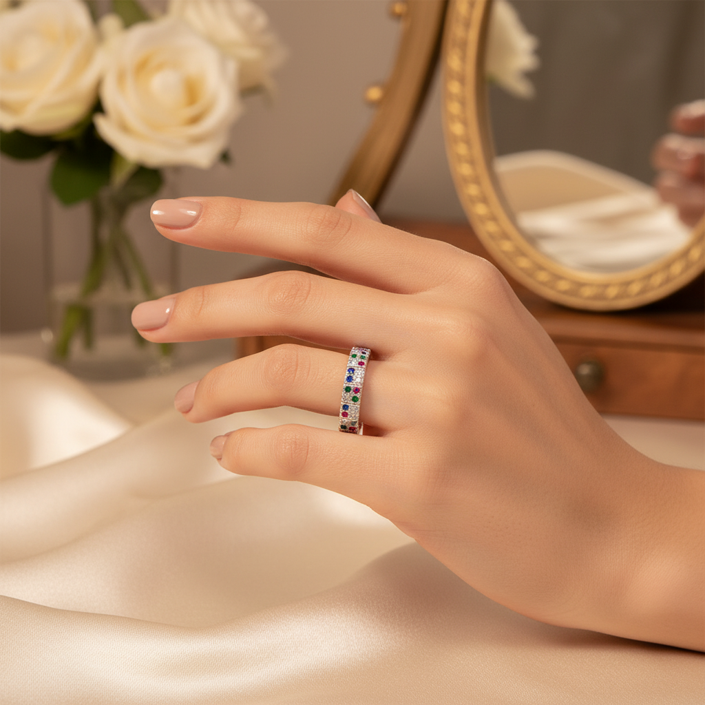 925 Italian Silver Multicolor Zircon Eternity Band Ring worn on hand - Fine Silver KSA