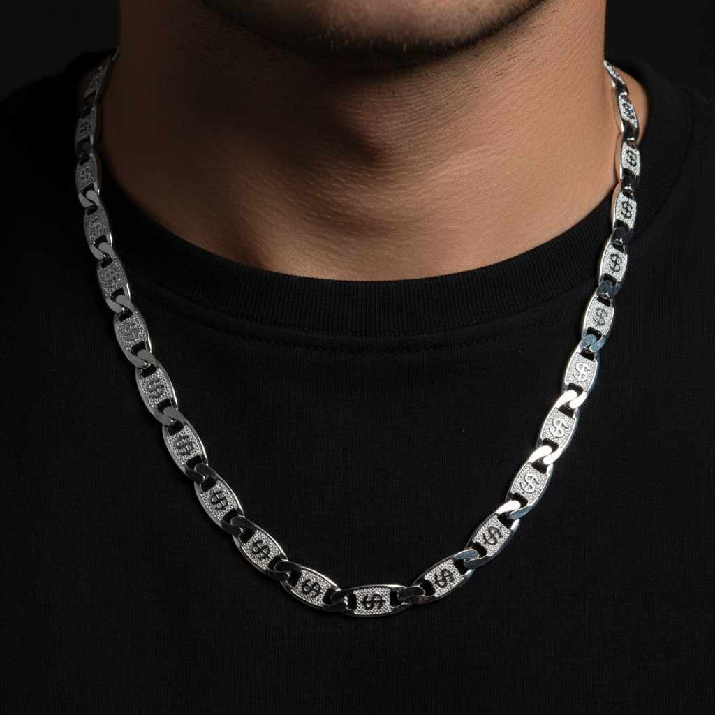 Man wearing Le Signe Dollar 925 Italian Silver Chain Necklace