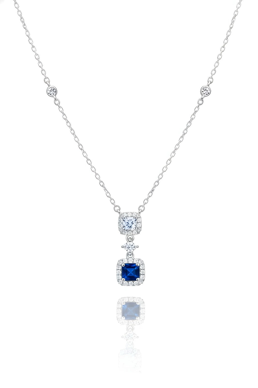 Blue Square Drop Silver Necklace