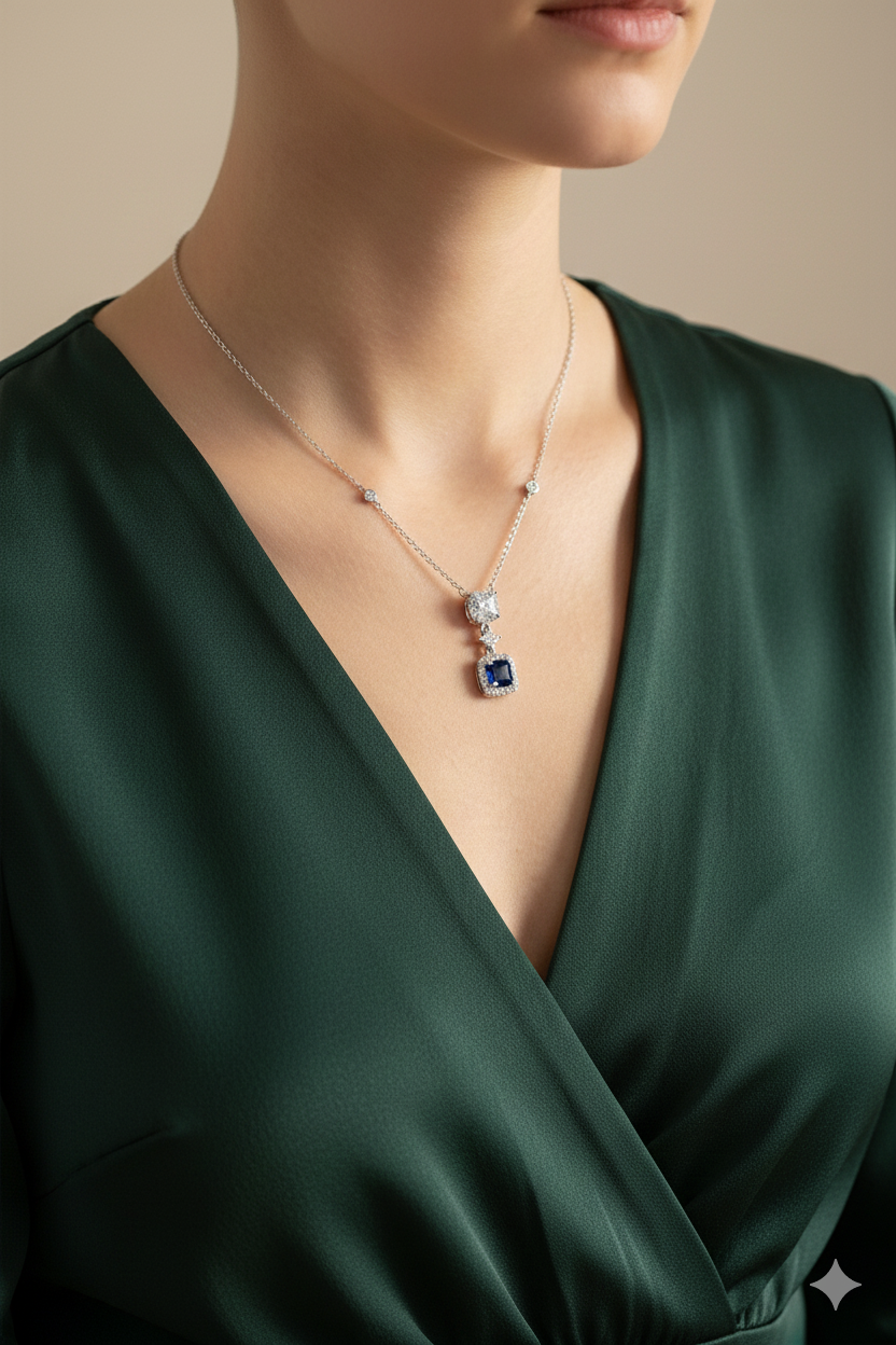 Blue Square Drop Silver Necklace