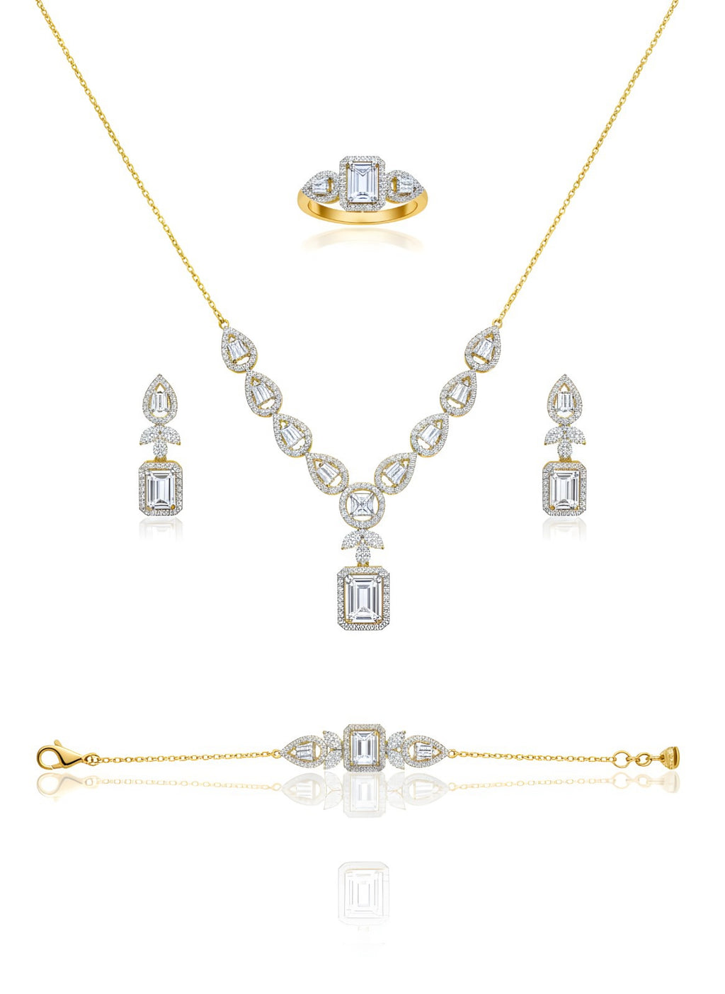 Italian 925 Silver Gold Polished Emerald-Cut Jewelry Set (4-Piece)