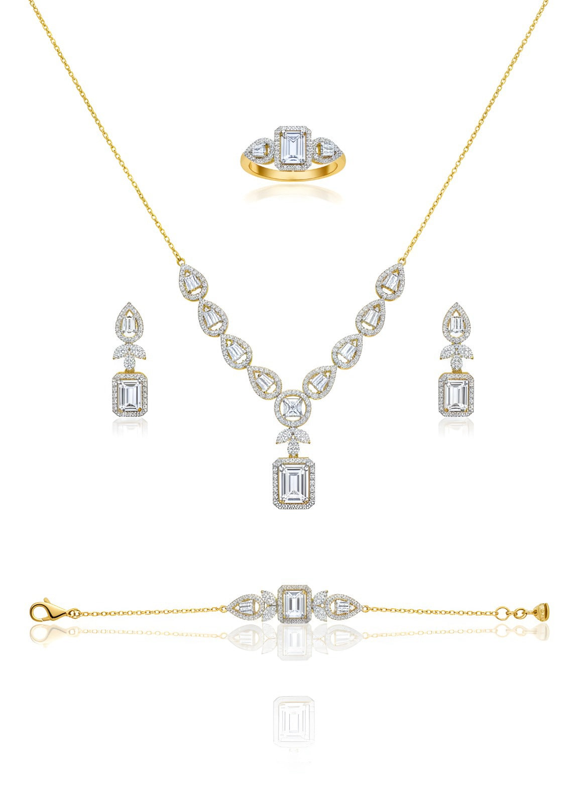 Italian 925 Silver Gold Polished Emerald-Cut Jewelry Set (4-Piece)