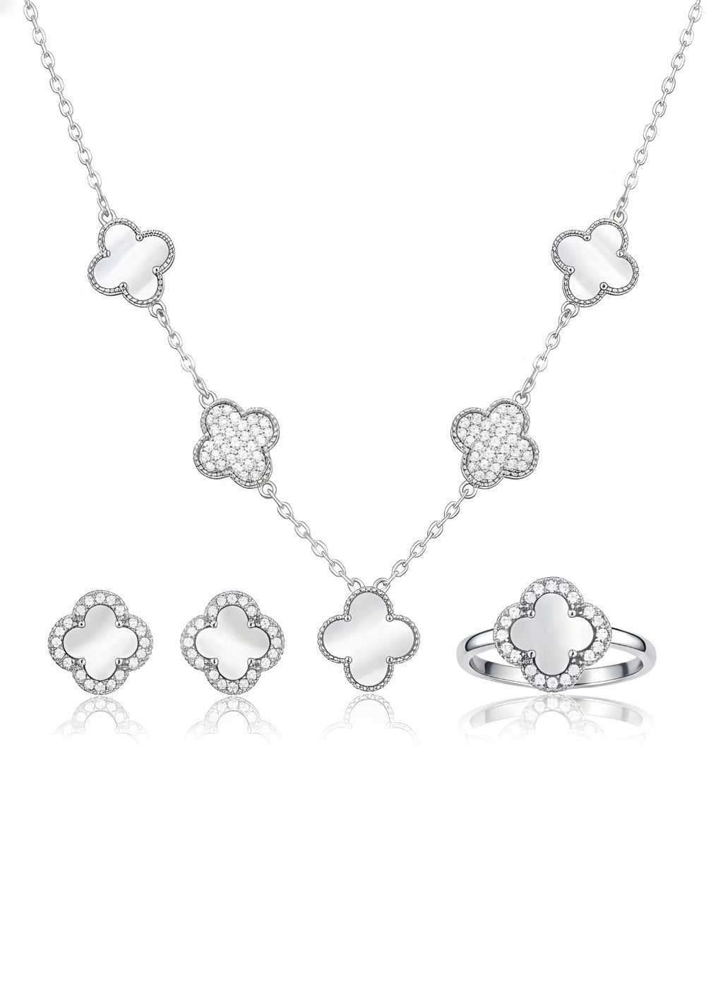 Italian 925 Silver Mother of Pearl Clover Jewelry Set