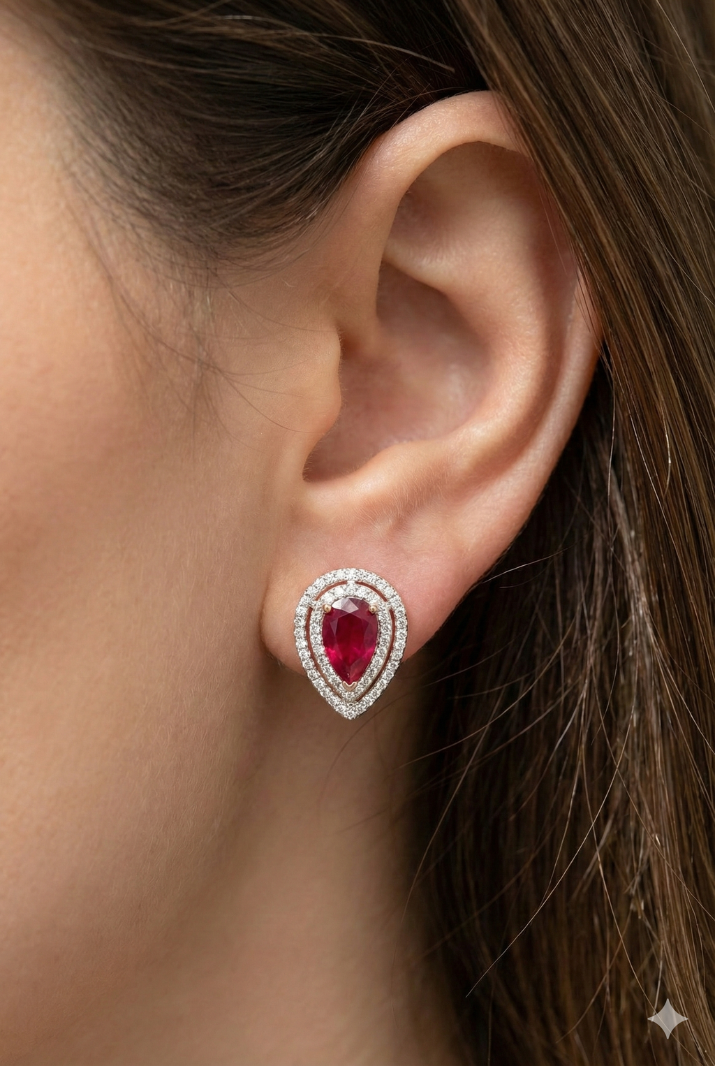 Gold Polished Silver Ruby &amp; American Diamond Pear Earrings