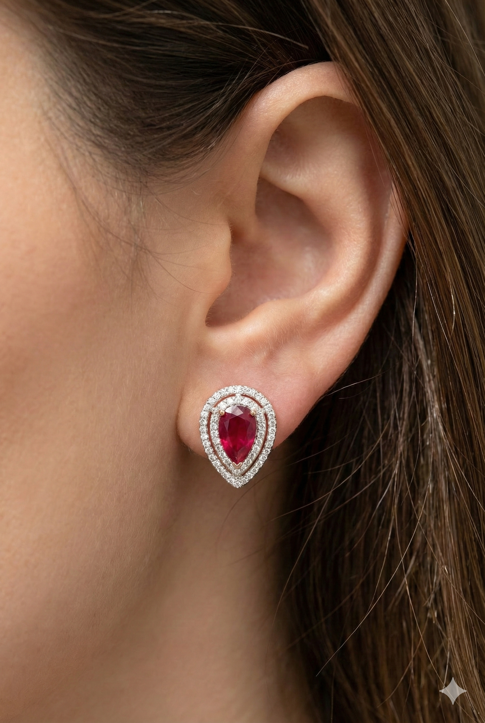 Gold Polished Silver Ruby &amp; American Diamond Pear Earrings