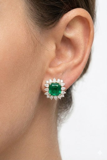 Emerald Green Cushion-Cut Halo Earrings with Italian Silver Settings &amp; Omega Back
