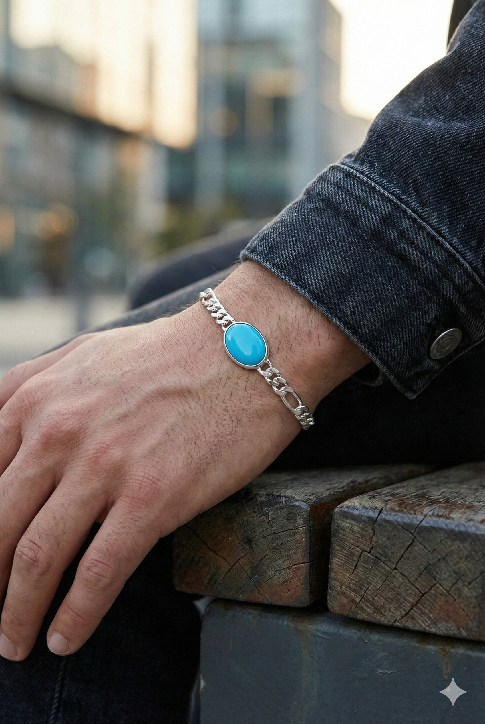 925 Italian Silver Figaro Bracelet with Blue Oval Resin Stone